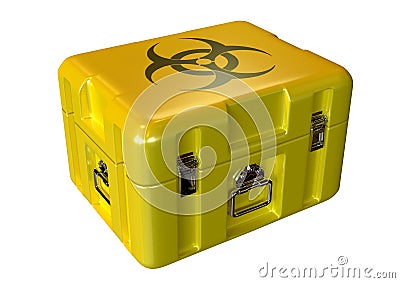 Yellow contaminated medical biohazard box awaiting disposal isolated over white background Stock Photo