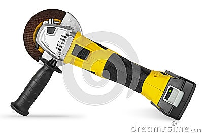 Yellow cordless battery pack powered angle grinder electric hand diy construction tool machine isolated white background Stock Photo