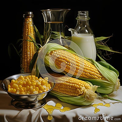 Yellow corn cobs in green leaf with kernels around milk containers black background. Corn as a dish of thanksgiving for the Vector Illustration