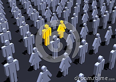 Yellow couple in crowd Cartoon Illustration
