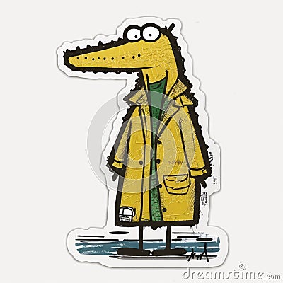 yellow crocodile, in a yellow raincoat sticky sticker white background creative and strange hight detailed raw expressive. Stock Photo