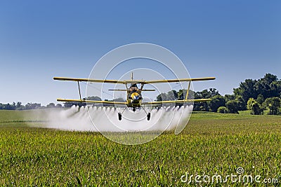Yellow Crop Duster Spraying Pestisides On Crops Stock Photo