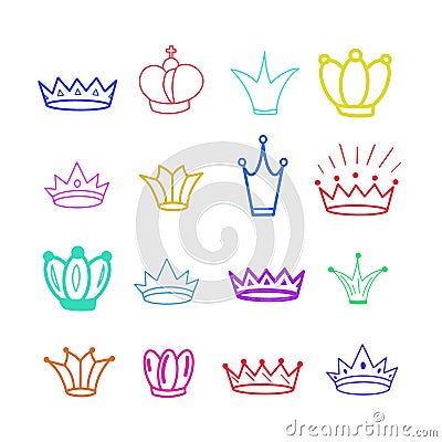 Yellow Crowns. Tiara. Diadem Sketch crown. Hand drawn queen tiara, king crown. Royal imperial coronation symbols, monarch majestic Vector Illustration