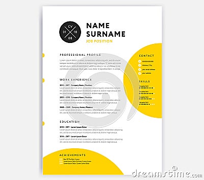 Yellow CV resume template - curriculum vitae sample vector design with circle background Vector Illustration