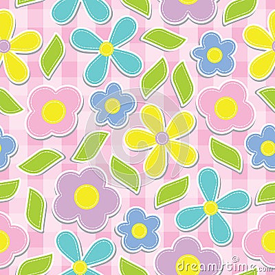 Yellow, Cyan, pink and purple flowers seamless pattern on pink box background vector design for fabric clothes background Vector Illustration