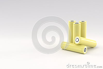 5 yellow cylindrical batteries on a light gray background. Storage battery or secondary cell. Rechargeable li-ion Stock Photo