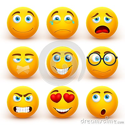 Yellow 3d emoticons vector set. Funny smiley face icons with different expressions Vector Illustration