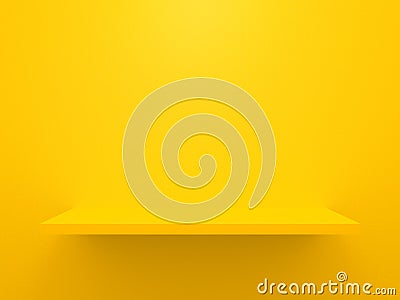 Yellow 3d shelves isolated on background template for mock up concept. Empty horizontal shop shelf or bookshelf hanging on wall Stock Photo