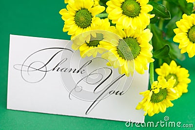 Yellow daisy and card signed thank you Stock Photo