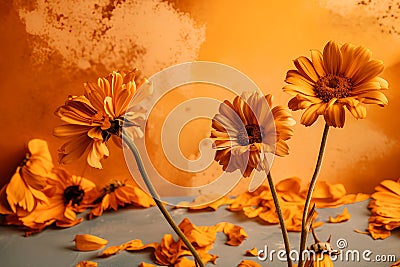 Yellow daisys pressed dried flowers in style of watercolor and orange background Stock Photo