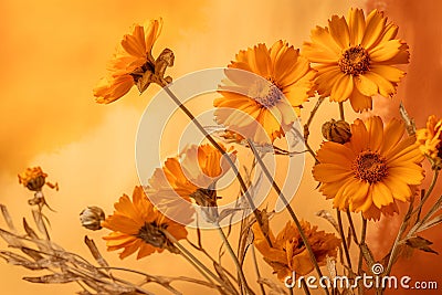 Yellow daisys pressed dried flowers in style of watercolor and orange background Stock Photo