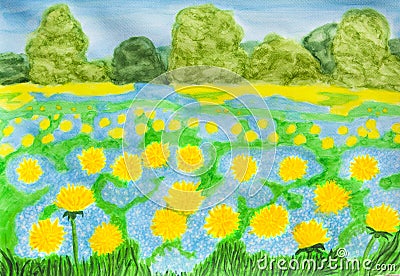 Yellow dandelions and blue myosotis - forget-me-nots Stock Photo