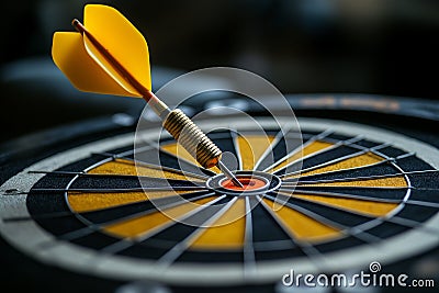 Yellow dart is stuck into the red center of the target board dark background by generative ai Stock Photo