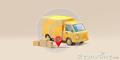 Yellow delivery truck with carton boxes and red pin geo tag icon, 3d render illustration Vector Illustration