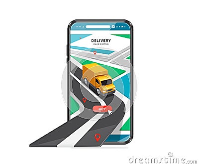 yellow delivery truck is on road and is following a GPS track along red pin to deliver goods to customer after customer press buy Vector Illustration