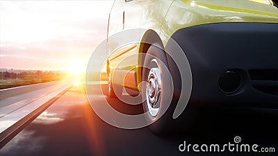 Yellow delivery van on highway. Very fast driving. Transport and logistic concept. 3d rendering. Stock Photo