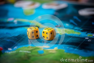 Yellow dice game on the blue field of fantasy game. Luck and excitement. Board games strategy Stock Photo