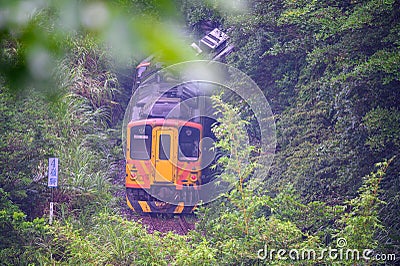 A yellow diesel train is driving in the mountains and forests. Editorial Stock Photo