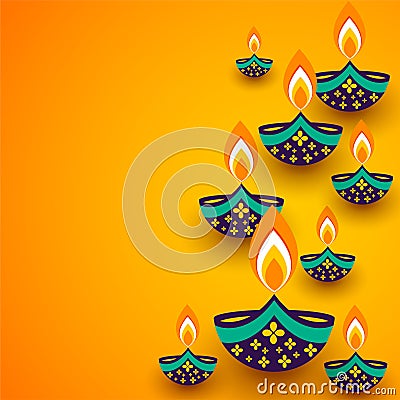 Yellow diwali background with creative diya decoration Vector Illustration