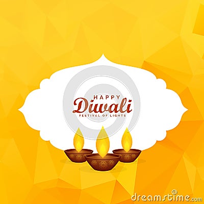 Yellow diwali festival greeting background with burning diya Vector Illustration