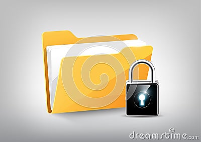 Yellow document file folder directory icon isolated and modern high technology padlock shield on white grey, transparent vector Vector Illustration