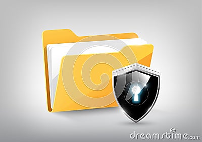 Yellow document file folder directory icon isolated and modern high technology shield lock shield on white grey, vector Vector Illustration