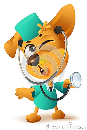 Yellow dog doctor vet keeps stethoscope Vector Illustration