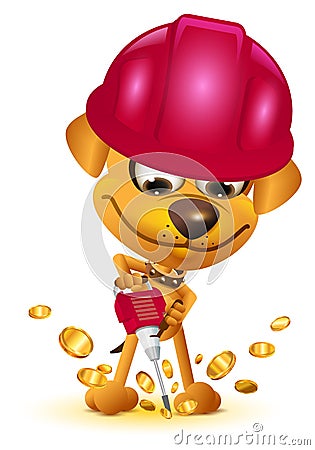 Yellow dog miner mining bitcoin gold coin Vector Illustration