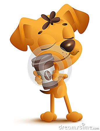 Yellow dog puppy holding coffee cup. Coffee break pleasure Vector Illustration