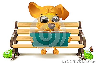 Yellow dog sits on bench and reads book Vector Illustration