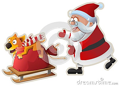 Yellow dog symbol of year 2018. Fun dog holds bag with gifts and goes on sled, Santa catches up Vector Illustration