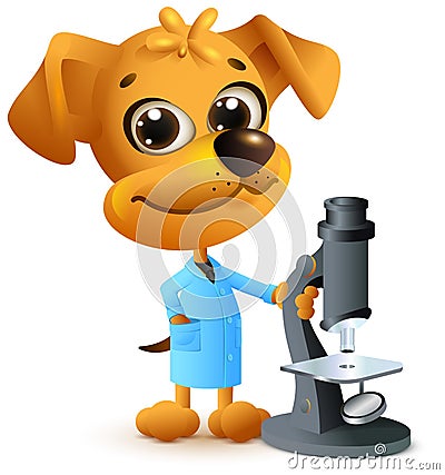 Yellow dog teacher holding microscope. Biology lesson Vector Illustration