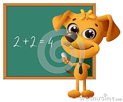 Yellow dog teacher stands at blackboard. Math lesson two plus two equals four Vector Illustration