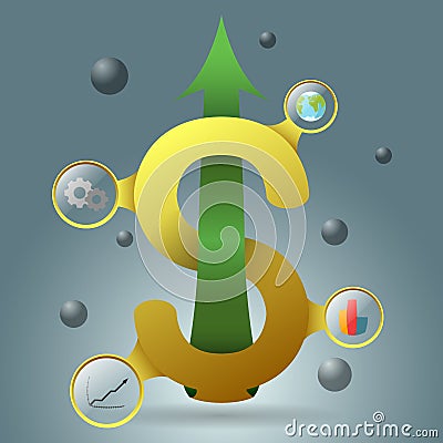 Yellow dollar symbol with growing up green arrow Stock Photo