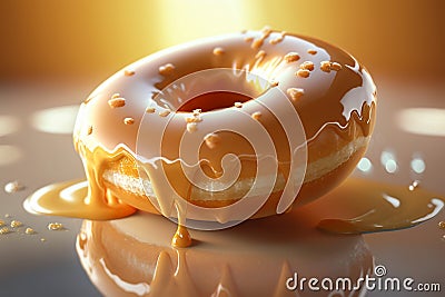 Yellow donut topped with caramel icing, glazed doughnut close-up with sprinkles, crumbs. Unhealthy high-calorie food. Image is AI Stock Photo