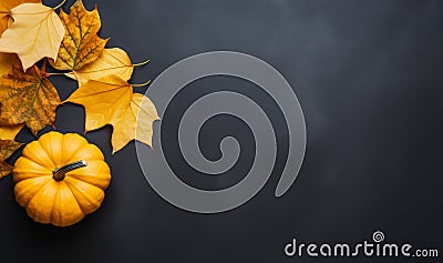 Yellow dried leaves and small orange pumpkin on black background, top view, copy space. Halloween, Thanksgiving holiday concept Stock Photo