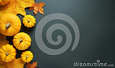 Yellow dried leaves and small orange pumpkins on black background, top view, copy space. Halloween, Thanksgiving holiday concept Stock Photo