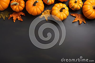 Yellow dried leaves and small orange pumpkins on black background, top view, copy space. Halloween, Thanksgiving holiday concept Stock Photo