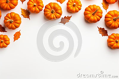 Yellow dried leaves and small orange pumpkins on white background, top view, copy space. Halloween, Thanksgiving holiday concept Stock Photo