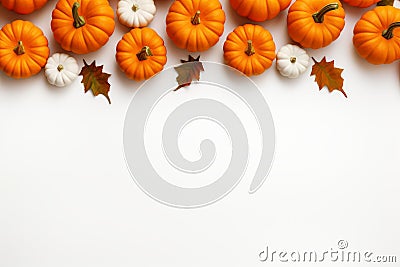 Yellow dried leaves and small orange pumpkins on white background, top view, copy space. Halloween, Thanksgiving holiday concept Stock Photo