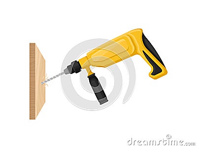 Yellow drill drills a wooden board. Vector illustration on white background. Vector Illustration