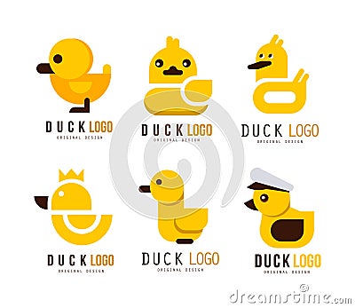 Yellow Duck Logo Design with Toy Rubber Duckling Vector Set Stock Photo