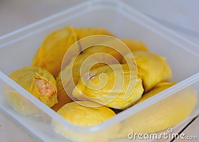 Yellow Durain Fruits showing at a box Stock Photo