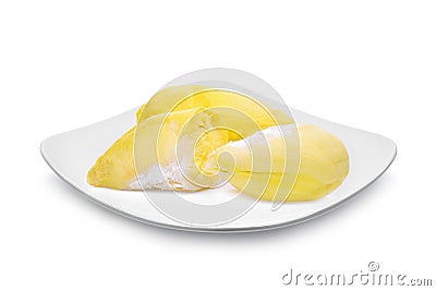 Yellow durian fruit in the white plate isolated on white Stock Photo