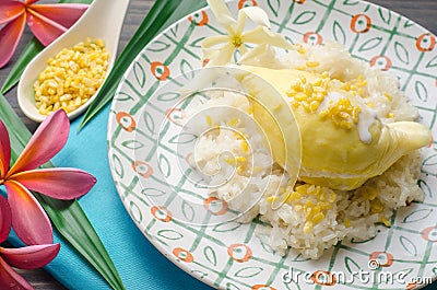 Yellow durian with sweet sticky rice and coconut milk. Thai dessert style Stock Photo