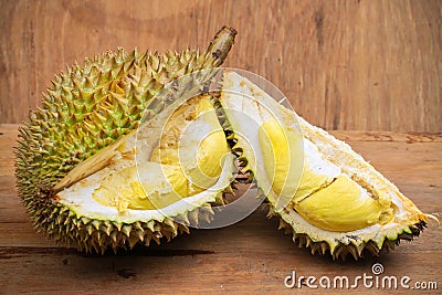 Yellow durian on wood table, Fresh fruit from orchard, King of fruit from Thailand Stock Photo