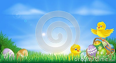 Yellow Easter chicks and eggs background Vector Illustration