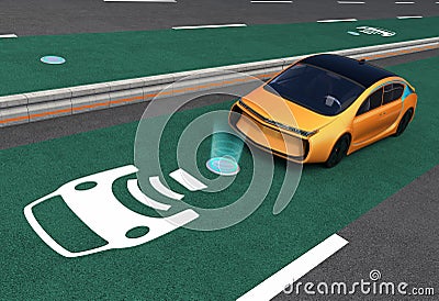 Yellow electric car on EV wireless charging lane Stock Photo