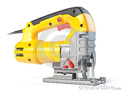 Yellow electric jigsaw on yellow background. Electric tool for carpenter Cartoon Illustration