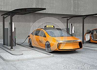 Yellow electric taxi charging in charging station Stock Photo